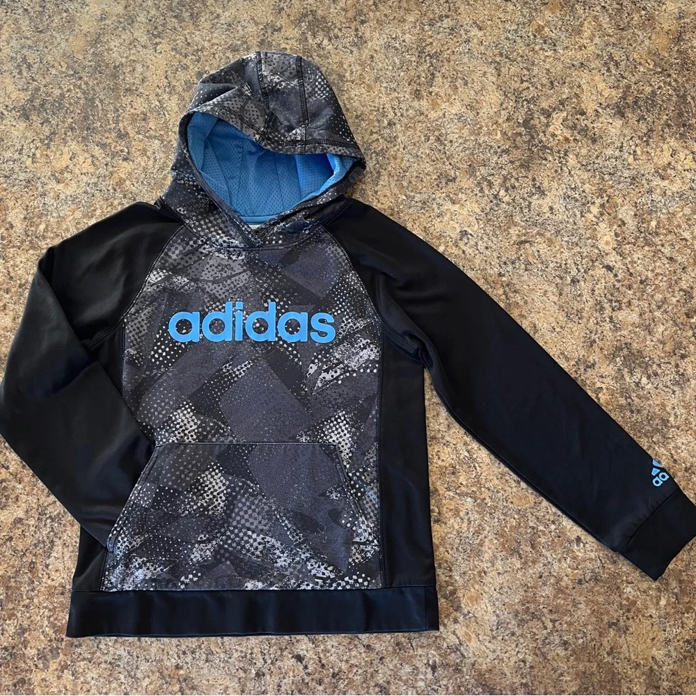 Adidas Boys CLIMAWARM Pullover Hoodie Sweatshirt Sz M 10/12 Black Blue Gray Camo